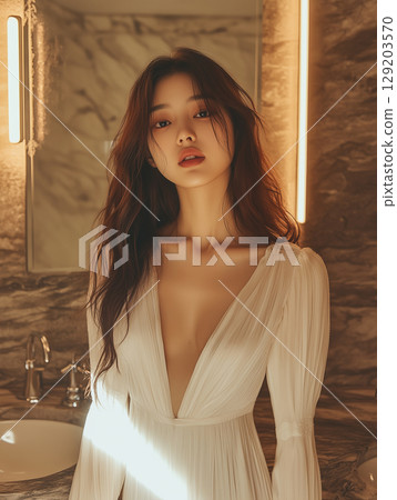 Model poses elegantly in a softly lit bathroom with stylish decor and warm lighting 129203570