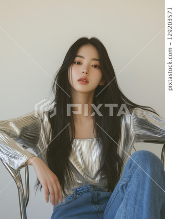 Fashion shoot featuring a Korean woman in stylish metallic top and casual jeans against a neutral backdrop 129203571