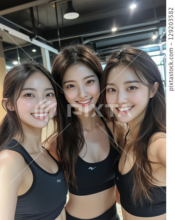 Three young women smiling together in fitness attire in a modern gym during a workout session 129203582