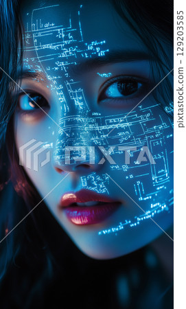 Korean woman illuminated by digital symbols with a futuristic backdrop in a glowing blue atmosphere 129203585