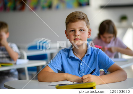 School boy sitting at the desk in classroom, looking at camera. 129203620