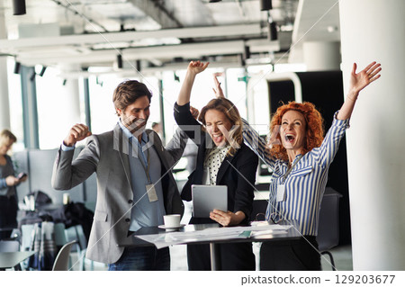 Business colleagues celebrating successful deal. 129203677