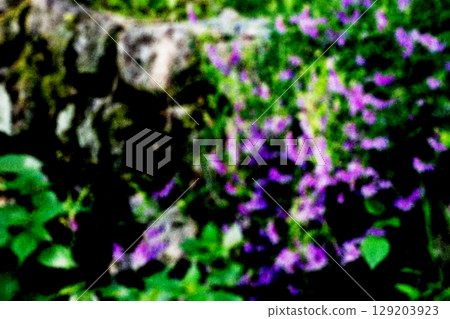 Rough paper and blurry image of small purple flowers 129203923