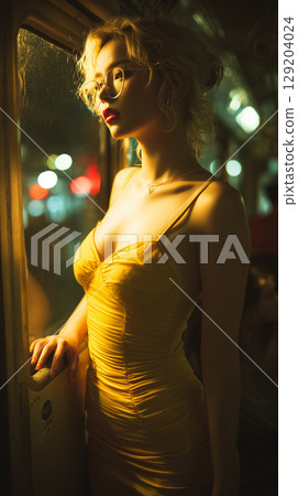 Evening reflections of a woman in a yellow dress by the window in a city street at night 129204024