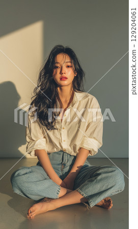 Portrait of a young Asian woman with long hair wearing a button-up shirt and relaxed jeans in soft natural light indoors 129204061