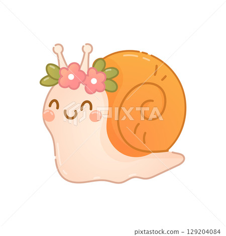 Cute snail with flower crown smiling softly 129204084