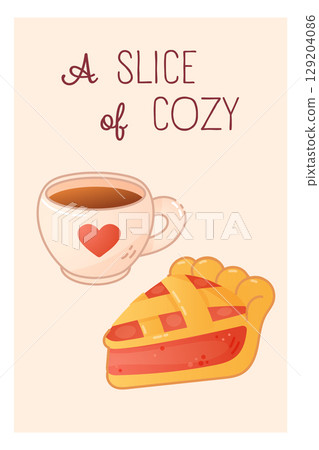 Cute fall postcard with pie and hot tea 129204086