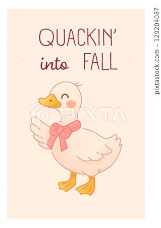Cute autumn postcard with duck and ribbon bow 129204087