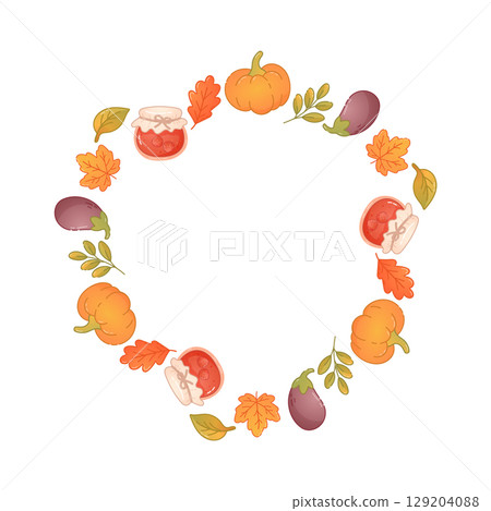 Autumn harvest wreath with pumpkins leaves and jars 129204088
