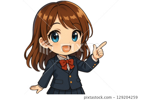 A cute little high school girl in a uniform cheerfully giving directions 129204259