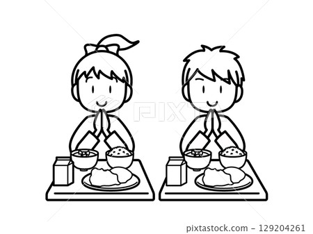 孩子吃學校午餐米飯黑白 129204261