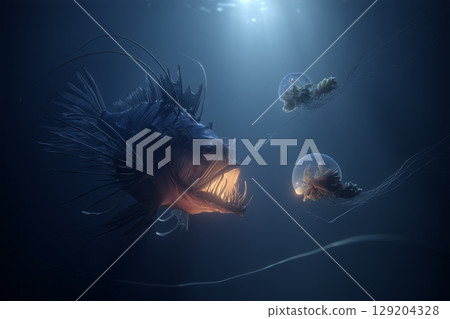 Deep-sea anglerfish and jellyfish glowing with bioluminescence in the vast world ocean 129204328