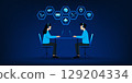 Customer support representative sitting at desk wearing headset, providing assistance via phone call. The concept represents professional call center service and remote technical or customer support 129204334