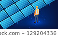 Engineer standing outdoors inspecting solar panels with clipboard, symbolizing clean energy technology, green power solutions, and sustainable energy development 129204336
