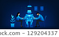 A diverse team of professionals sitting at a meeting table collaborating with an AI robot assistant, symbolizing AI integration in modern workplace and future teamwork. 129204337