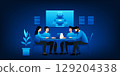 A remote team collaboration through video conference with an AI robot. The future of work culture, where humans and artificial intelligence integrate seamlessly in virtual meetings 129204338