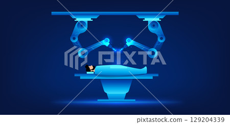 An advanced robotic surgical system assisting doctors in a high-tech operating room.  precision medicine, and modern medical innovation for faster recovery and improved patient outcomes 129204339