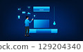 Smart home technology with IoT system. A man uses his smartphone to control home appliances such as lighting, air conditioning, and entertainment devices for a connected and intelligent living 129204340