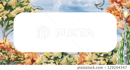 Rectangular frame with city autumn park and pigeons. Isolated watercolor illustration for design of seasonal menus, announcements, excursion posters, printing on postcards. Rectangular frame with city autumn park and pigeons. Isolated watercolor illustration for design of seasonal menus, announcements, excursion posters, printing on postcards. 129204347