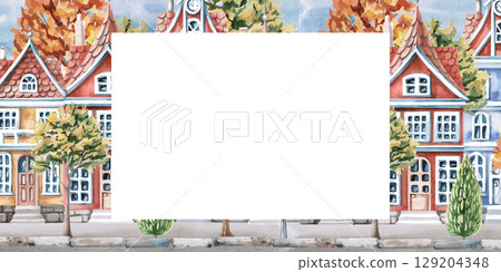 Rectangular frame with a city street in autumn. Isolated watercolor illustration for the design of seasonal menus, announcements, excursion posters, printing on postcards. 129204348