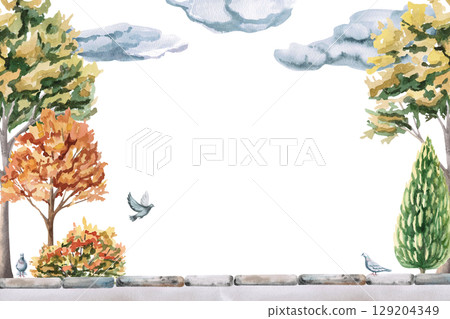 Rectangular frame with city park and lanterns. Isolated watercolor illustration for design of seasonal menus, announcements, excursion posters, printing on postcards. Rectangular frame with city park and lanterns. Isolated watercolor illustration for design of seasonal menus, announcements, excursion posters, printing on postcards. 129204349