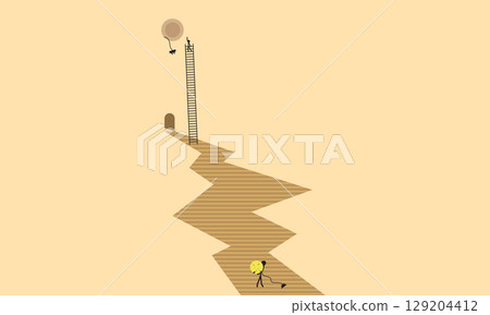 Two People Working Together to Install a Moon-Shaped Lamp. Minimalist Illustration 129204412