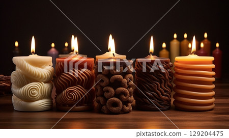 Curly candles in serene ambiance for yoga practice and relaxation 129204475