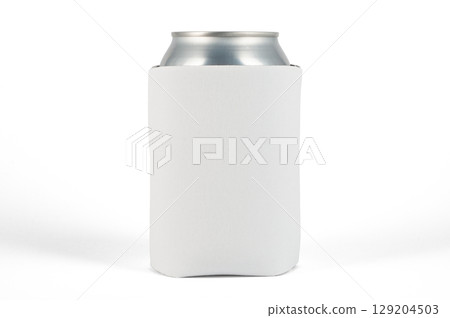 Front view of white neoprene canholder isolated. Can cooler sleeve on isolated background. Neoprene can cooler mockup. 129204503
