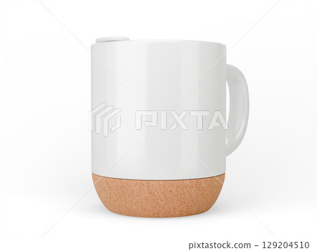 White blank ceramic mug with cork bottom. Coffee mug template. 3d rendering White blank ceramic mug with cork bottom. Coffee mug template. 3d rendering 129204510