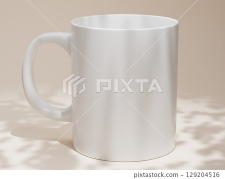 White blank ceramic mug with shadow overlay. 11oz Coffee mug template. 3d rendering White blank ceramic mug with shadow overlay. 11oz Coffee mug template. 3d rendering 129204516