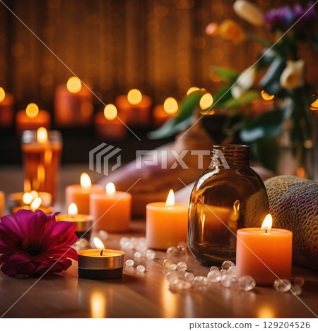 Warm glow of candles arranged elegantly on a serene table with decorative elements and soft lighting in a cozy environment 129204526