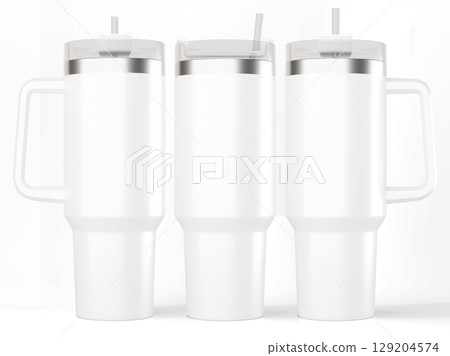 Three 40oz Tumblers. Three travel mugs with handle. Travel cup for drinking. Thermos mug. Classic Insulated tumbler with straw and flip lid. Stainless Steel travel mug. 3d rendering 129204574