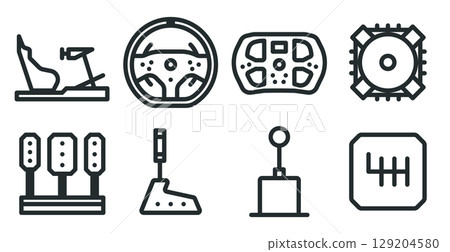 Sim racing setup icon set. Racing simulator gear - cockpit, steering wheel, steering wheel base, pedal set, handbrake, gear shifter. 48x48 px 129204580