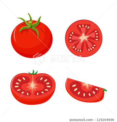 colorful set of tomatoes. Whole tomatoes, halves, slices, hand drawn. colorful set of tomatoes. Whole tomatoes, halves, slices, hand drawn. 129204696