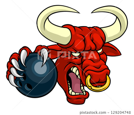 Bull Minotaur Longhorn Cow Bowling Mascot Cartoon Bull Minotaur Longhorn Cow Bowling Mascot Cartoon 129204748