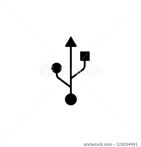 black USB SIGN Vector Illustration, USB icon isolated on white background. USB symbol. eps10 Flash disk sign vector symbol. flash drive icon isolated. removable USB port sign on white background. 129204991