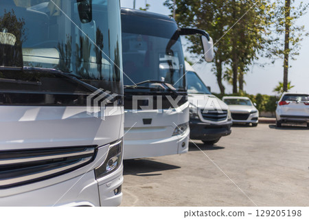 Two modern buses and a few other vehicles are parked under the sun in an outdoor lot. The arrangement showcases different vehicle designs and colors against a bright blue sky 129205198