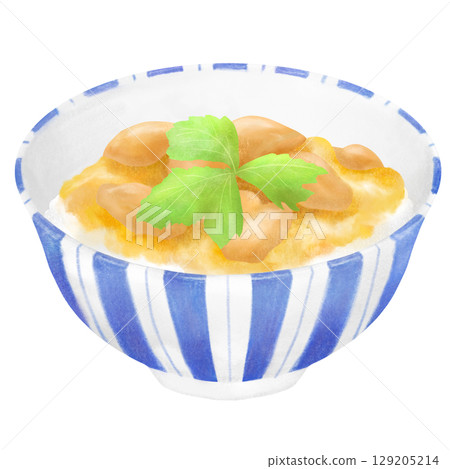 Illustration of fluffy and creamy oyakodon topped with mitsuba 129205214