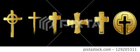 Golden Spray paint graffiti element set of Christian cross with grungy texture. Grunge golden ink graphic symbols of church isolated on black background for printing on t shirt 129205311