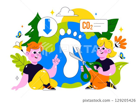 Carbon Footprint Reduction Illustration featuring Environmental Pollution Effect Analysis with CO2, Impact on Nature, Climate, and Global Eco Balance Carbon Footprint Reduction Illustration featuring Environmental Pollution Effect Analysis with CO2, Impact on Nature, Climate, and Global Eco Balance 129205426