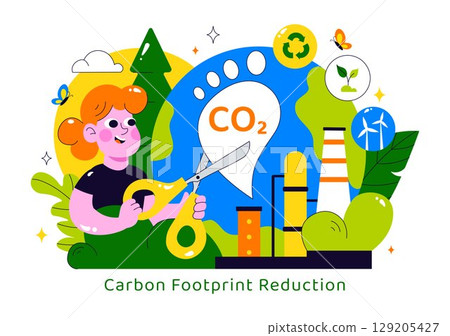 Carbon Footprint Reduction Illustration featuring Environmental Pollution Effect Analysis with CO2, Impact on Nature, Climate, and Global Eco Balance 129205427