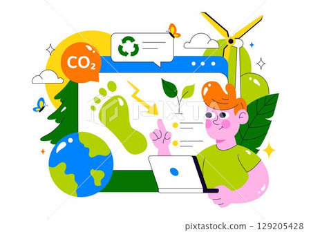 Carbon Footprint Reduction Illustration featuring Environmental Pollution Effect Analysis with CO2, Impact on Nature, Climate, and Global Eco Balance Carbon Footprint Reduction Illustration featuring Environmental Pollution Effect Analysis with CO2, Impact on Nature, Climate, and Global Eco Balance 129205428