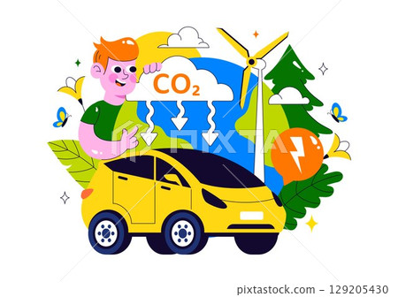 Carbon Footprint Reduction Illustration featuring Environmental Pollution Effect Analysis with CO2, Impact on Nature, Climate, and Global Eco Balance 129205430