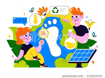 Carbon Footprint Reduction Illustration featuring Environmental Pollution Effect Analysis with CO2, Impact on Nature, Climate, and Global Eco Balance Carbon Footprint Reduction Illustration featuring Environmental Pollution Effect Analysis with CO2, Impact on Nature, Climate, and Global Eco Balance 129205431