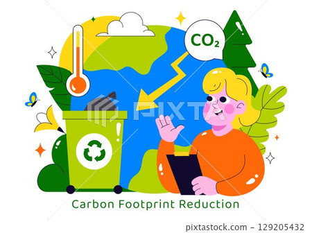 Carbon Footprint Reduction Illustration featuring Environmental Pollution Effect Analysis with CO2, Impact on Nature, Climate, and Global Eco Balance 129205432