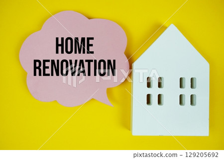 Home Renovation text message on speech bubble with house model on yellow background Home Renovation text message on speech bubble with house model on yellow background 129205692