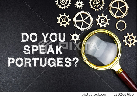 Do You Speak Portuges? text message with magnifying glass on black background 129205699
