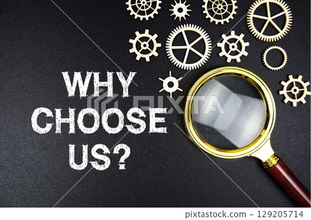 Why Choose Us? text message with magnifying glass on black background Why Choose Us? text message with magnifying glass on black background 129205714