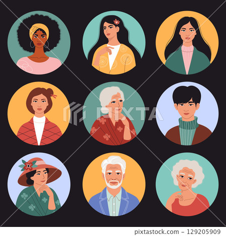 Beautiful Cute Diverse Women and Men. Female And Male Portrait set. Isolated round avatar with ethnic people of different ages and racial affiliation. Vector illustration. Stylish Character for Design 129205909