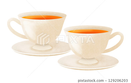 Illustration of two teacups and saucers filled with tea Illustration of two teacups and saucers filled with tea 129206203